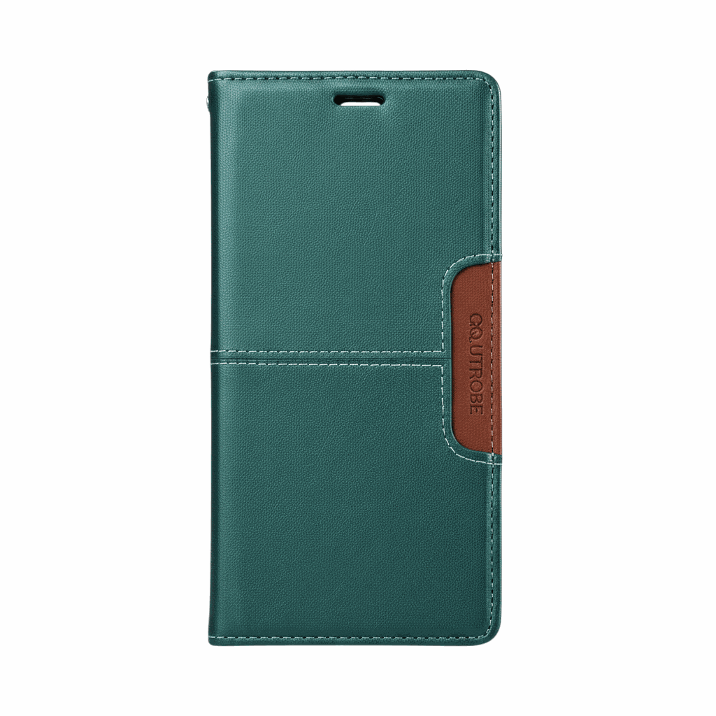Samsung Galaxy wallet case in teal textured leather-look material with white stitching and a brown magnetic closure tab