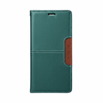 Samsung Galaxy wallet case in teal textured leather-look material with white stitching and a brown magnetic closure tab