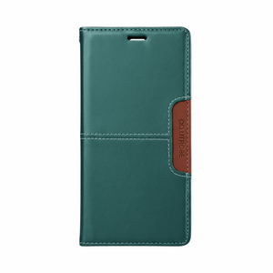 Samsung Galaxy wallet case in teal textured leather-look material with white stitching and a brown magnetic closure tab