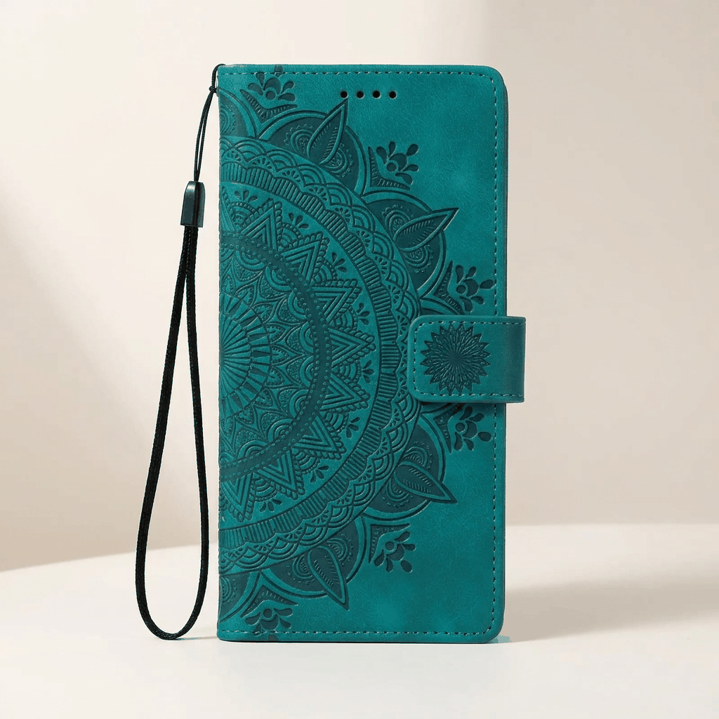 Samsung Galaxy wallet flip case in teal leather-look material with an embossed mandala pattern, clasp and wrist strap