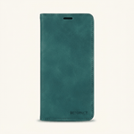 Samsung Galaxy flip case in teal textured leather-look material with stitched edges and a slim earpiece opening