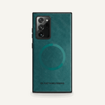 Samsung Galaxy phone case in teal textured leather-look material with black edges, raised camera cutout and circular ring