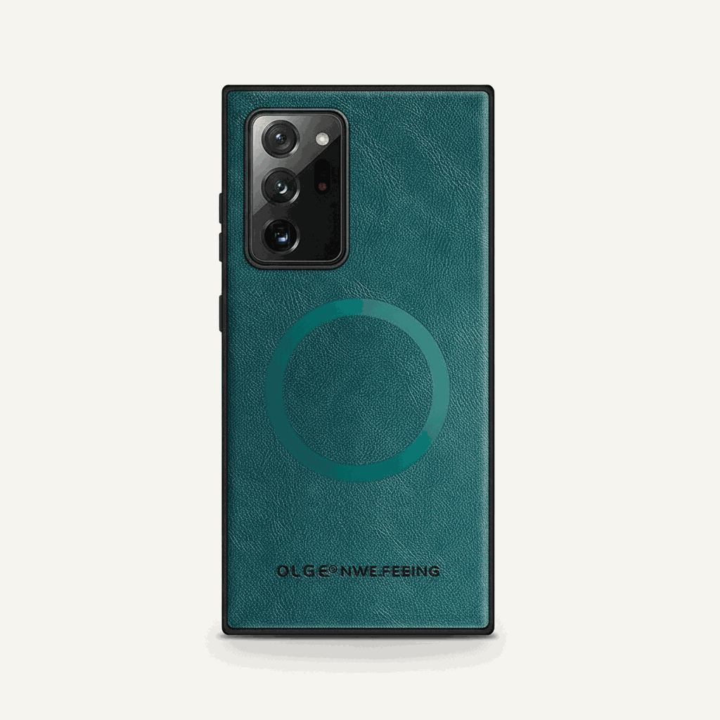 Samsung Galaxy phone case in teal textured leather-look material with black edges, raised camera cutout and circular ring
