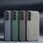 Samsung Galaxy leather-look case with textured gray, green, and blue finishes and vertical triple-camera cutouts