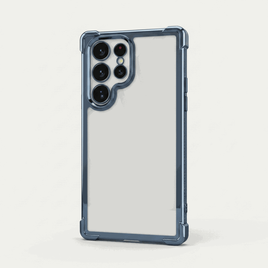 Samsung Galaxy - Transparent Shockproof Case with a clear back, dark blue edges, and raised reinforced corners around the camera