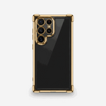 Samsung Galaxy - Transparent Shockproof Case with a clear dark back, gold-tone edges and raised reinforced corners around camera cutouts.