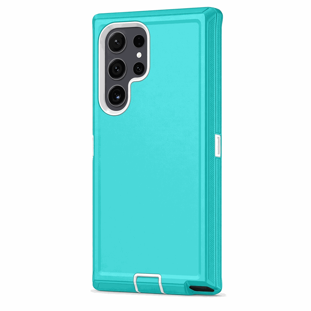 Samsung Galaxy phone case in turquoise with a smooth back, raised camera bezel, reinforced corners and a built-in kickstand