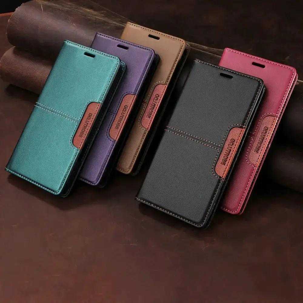 Samsung Galaxy wallet cases in teal, purple, tan, black and burgundy leather-look finishes with stitched flip covers