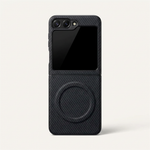 Samsung Galaxy Z Flip case in black with a diagonal carbon fibre weave and a raised circular magnetic ring