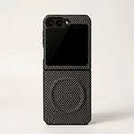 Samsung Galaxy Z Flip case in black with a diagonal carbon-fibre weave and a slim protective shell