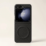 Samsung Galaxy Z Flip case in black carbon fibre with a diagonal woven texture and slim protective shell