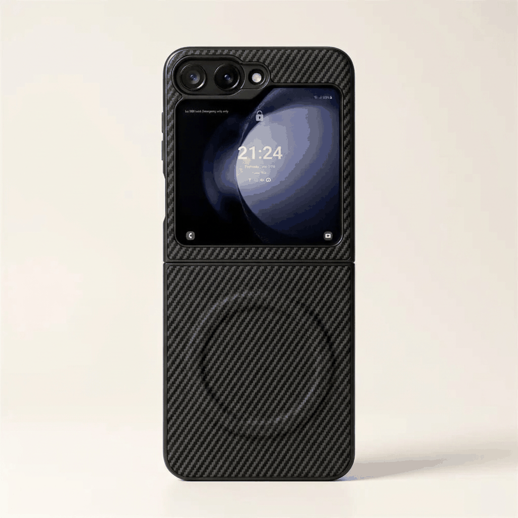 Samsung Galaxy Z Flip case in black carbon fibre with a diagonal woven texture and slim protective shell