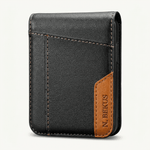 Samsung Galaxy Z Flip wallet case in black textured leather-look material with tan accent panel and contrast stitching