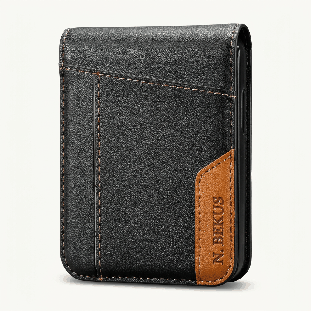 Samsung Galaxy Z Flip wallet case in black textured leather-look material with tan accent panel and contrast stitching