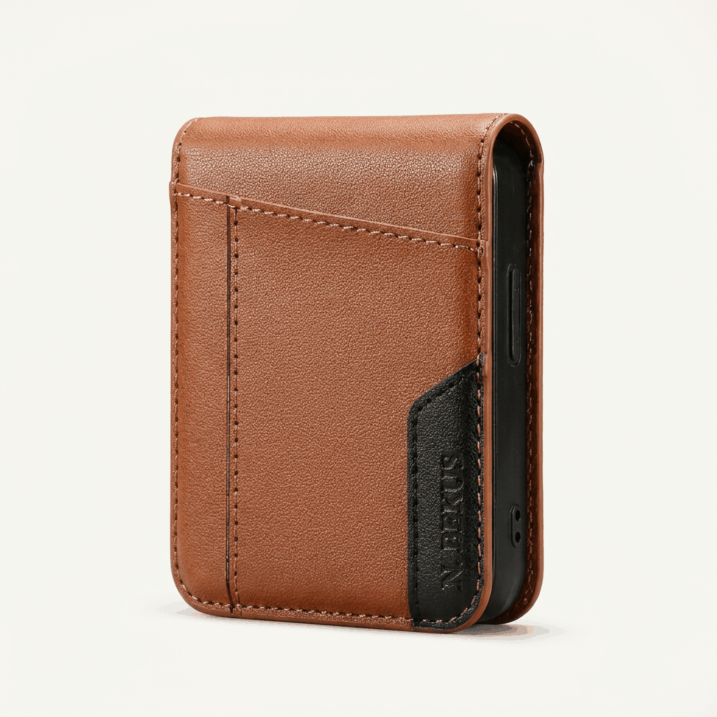 Samsung Galaxy Z Flip brown textured leather-look wallet case with stitched front pocket and black side clasp