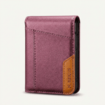 Samsung Galaxy Z Flip wallet case in burgundy textured leather-look material with stitched panels and a tan branded tab