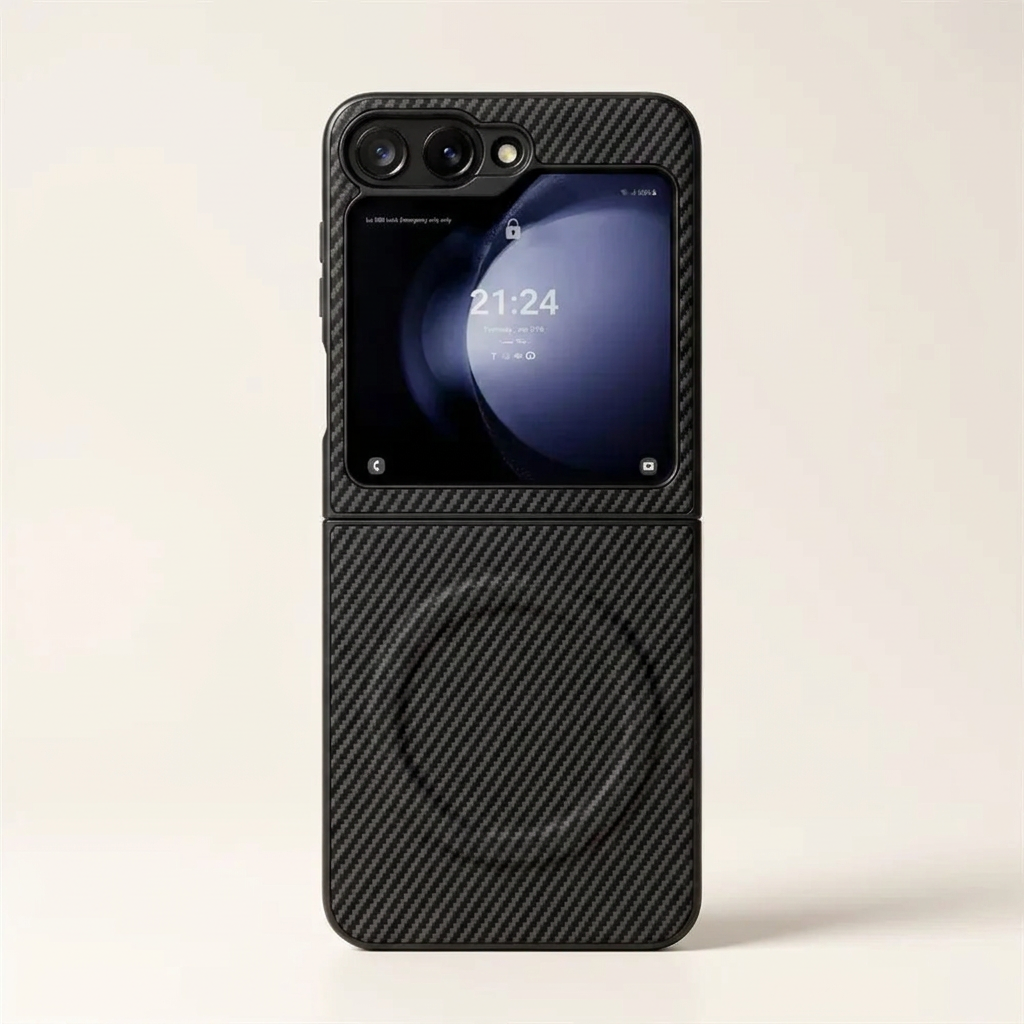 Samsung Galaxy Z Flip case in black carbon fibre with a diagonal woven texture and slim protective shell