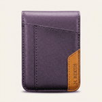 Samsung Galaxy Z Flip wallet case in textured dark purple leather-look material with an orange side panel and stitched card pocket