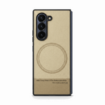 Samsung Galaxy Z Fold case in beige textured leather with black edging, triple camera cutouts and circular ring design