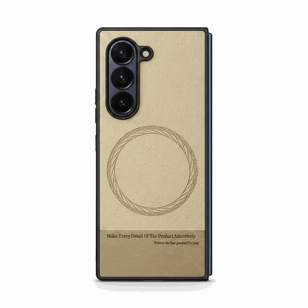 Samsung Galaxy Z Fold case in beige textured leather with black edging, triple camera cutouts and circular ring design