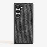 Samsung Galaxy Z Fold phone case in black with a diagonal woven-look texture and a raised triple-camera cutout
