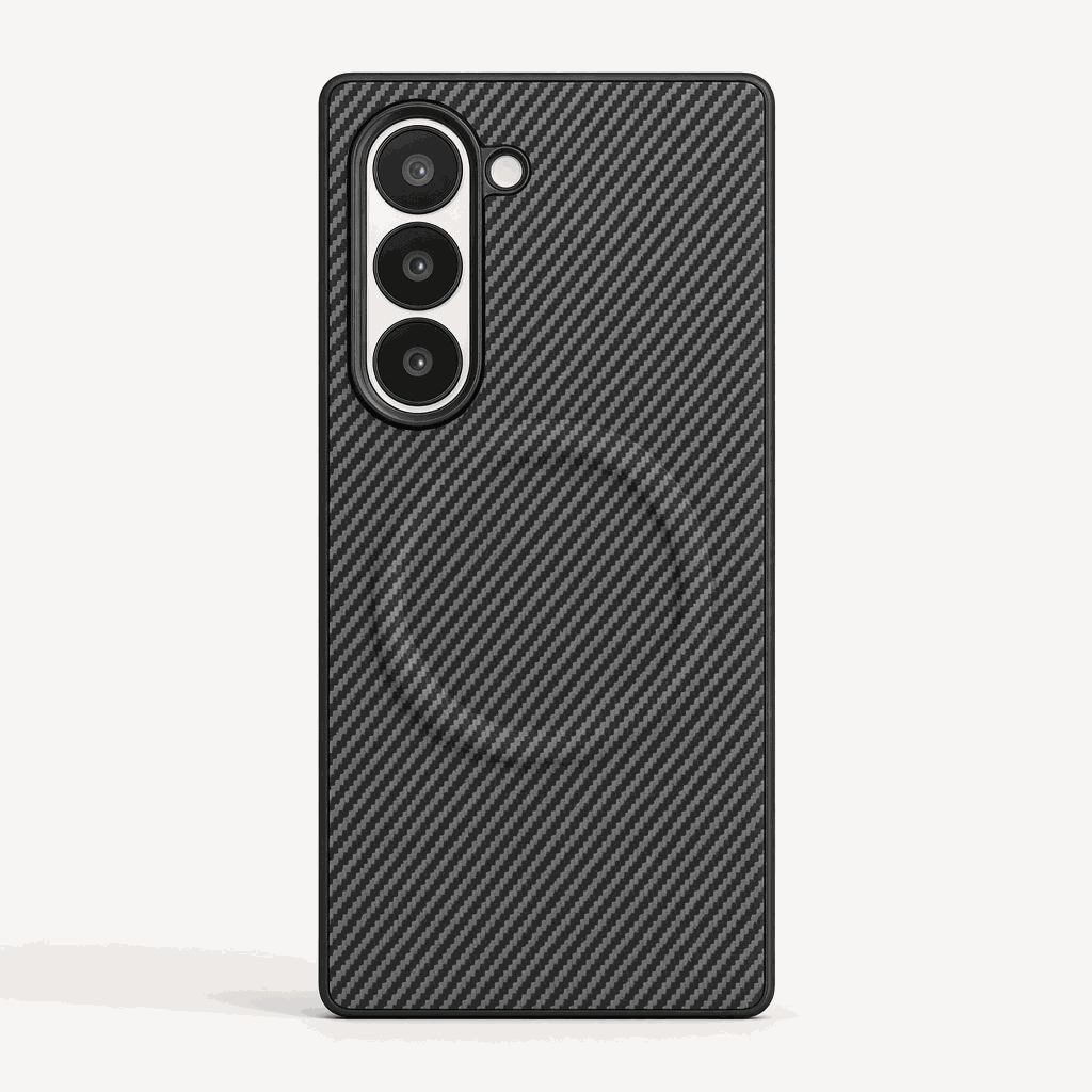 Samsung Galaxy Z Fold phone case in black with a diagonal woven-look texture and a raised triple-camera cutout