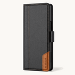 Samsung Galaxy Z Fold wallet flip case in black textured leather-look material with tan contrast stitching and clasp