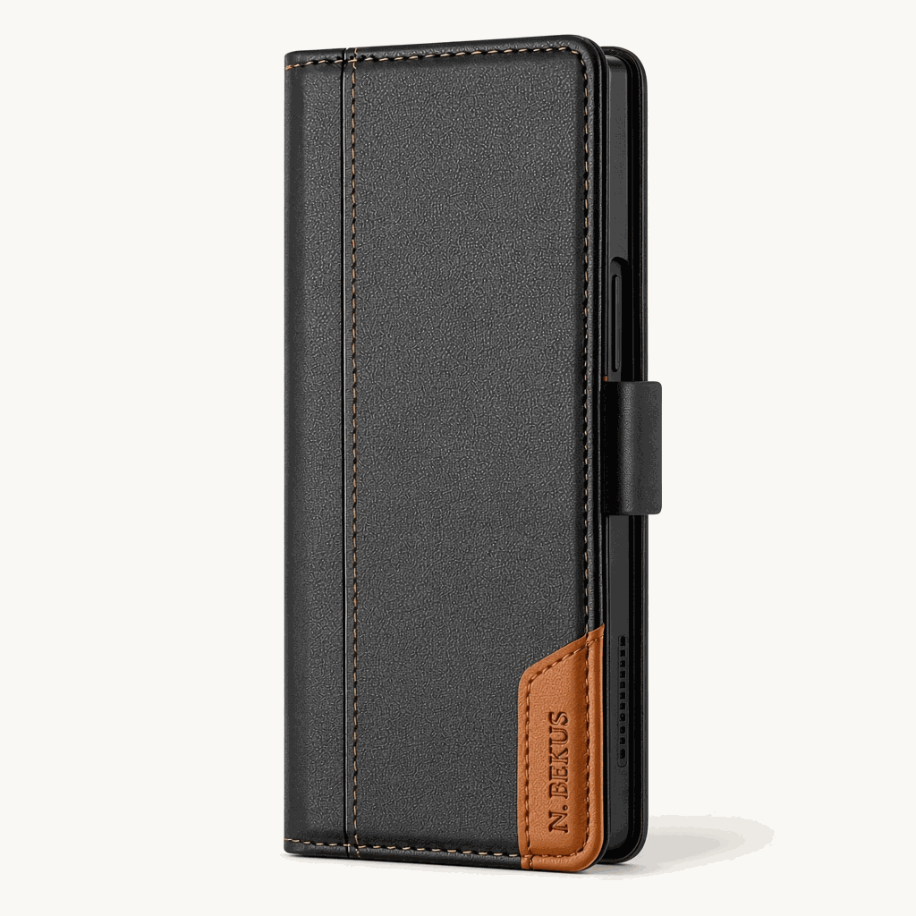 Samsung Galaxy Z Fold wallet flip case in black textured leather-look material with tan contrast stitching and clasp