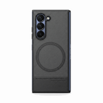 Samsung Galaxy Z Fold case in black textured leather with a geometric finish, raised camera guard and magnetic ring