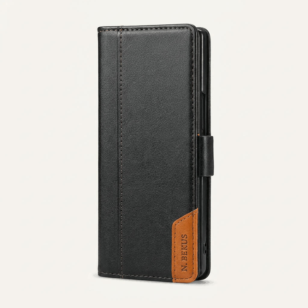Samsung Galaxy Z Fold black textured leather wallet case with stitched edges and a tan branded corner tab