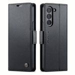 Samsung Galaxy Z Fold wallet case in black textured leather-look material with tan stitching, card flap and camera cutout
