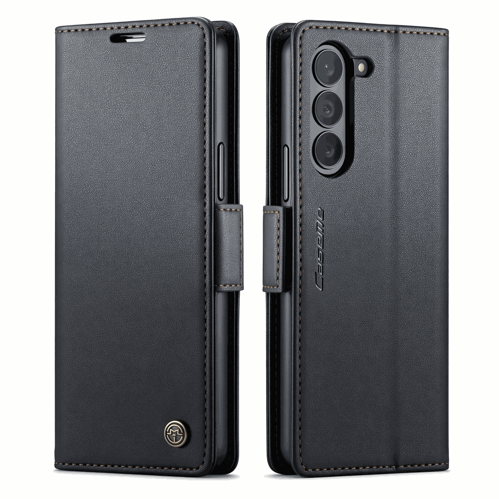 Samsung Galaxy Z Fold wallet case in black textured leather-look material with tan stitching, card flap and camera cutout
