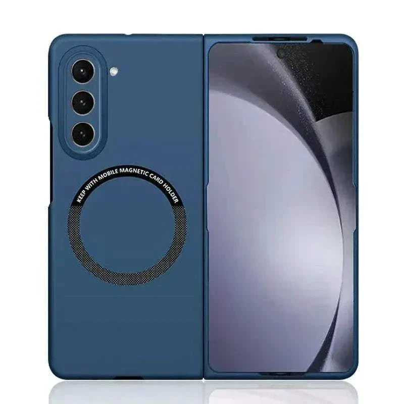 Samsung Galaxy Z Fold case with a slim matte blue cover, triple camera cutouts and a black magnetic ring