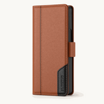 Samsung Galaxy Z Fold brown leather-look wallet flip case with stitched panels, black corner trim and magnetic clasp