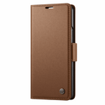 Samsung Galaxy Z Fold wallet case in brown textured leather-look material with stitched edges and a side closure tab