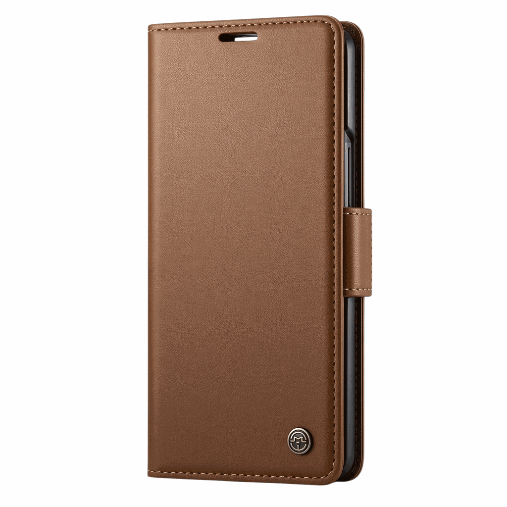 Samsung Galaxy Z Fold wallet case in brown textured leather-look material with stitched edges and a side closure tab