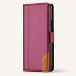 Samsung Galaxy Z Fold flip wallet case in burgundy textured leather-look material with stitched edges and magnetic tab