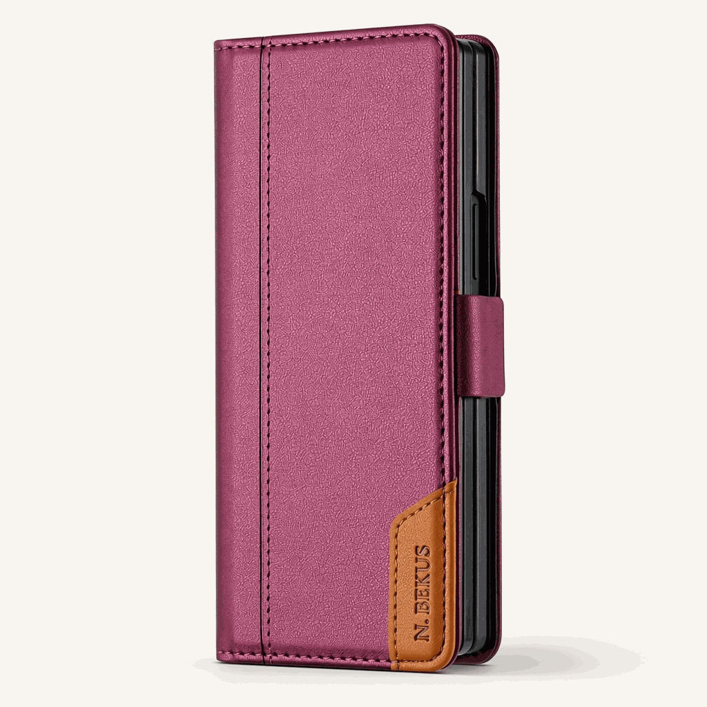 Samsung Galaxy Z Fold flip wallet case in burgundy textured leather-look material with stitched edges and magnetic tab