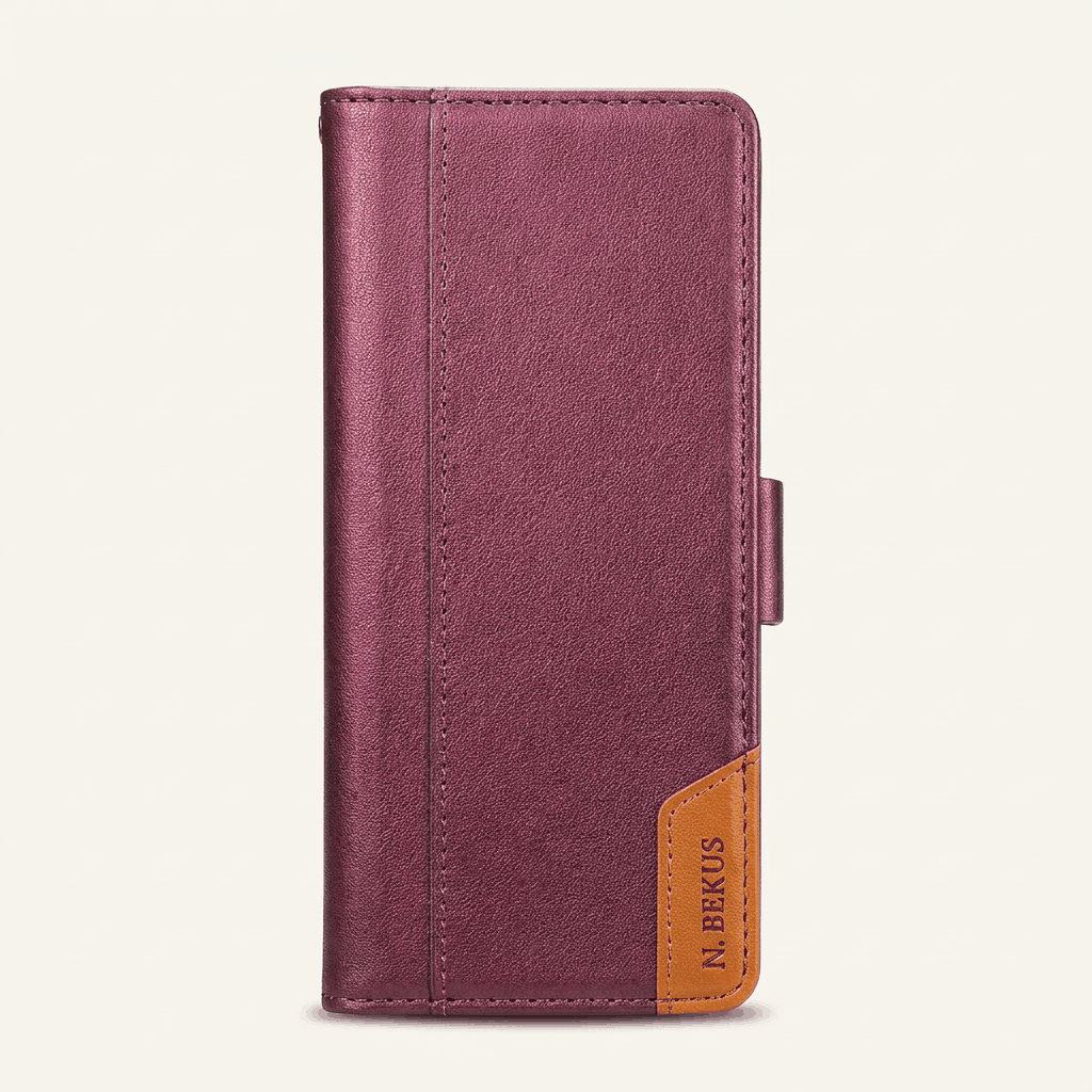Samsung Galaxy Z Fold wallet case in burgundy textured leather with stitched edges and a tan corner accent