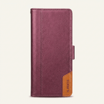 Samsung Galaxy Z Fold wallet case in burgundy textured leather with stitched edges and a tan corner accent