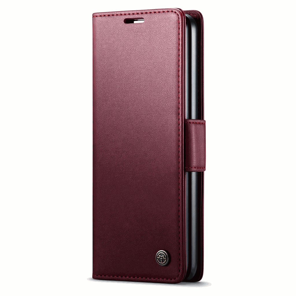 Samsung Galaxy Z Fold wallet case in burgundy textured leather-look material, with stitched edges and a side closure strap
