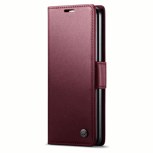 Samsung Galaxy Z Fold wallet case in burgundy textured leather-look material, with stitched edges and a side closure strap