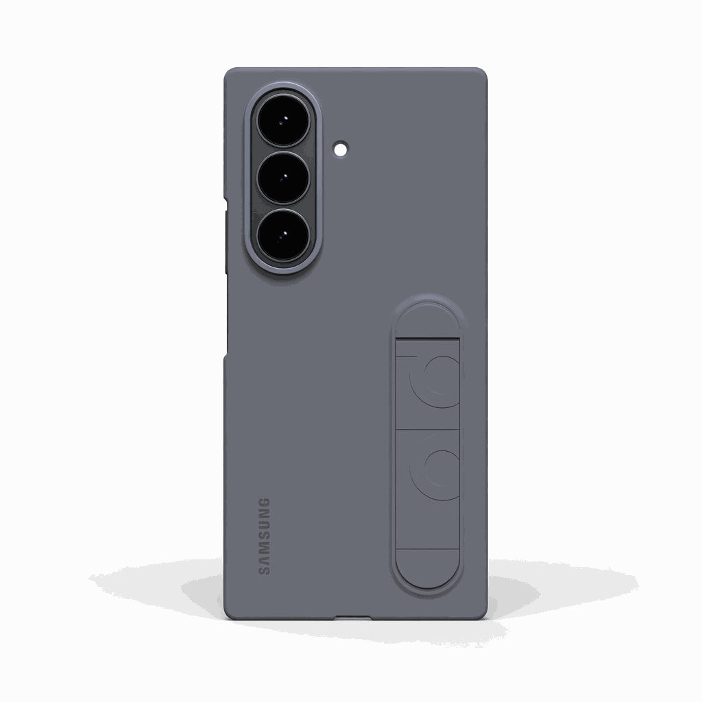 Samsung Galaxy Z Fold phone case in matte charcoal gray with a plain finish, triple camera cutouts and a folding stand