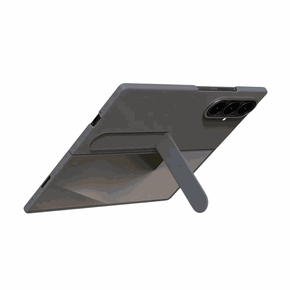 Samsung Galaxy Z Fold case in dark gray with a smooth plain finish, raised camera cutout, and foldable kickstand