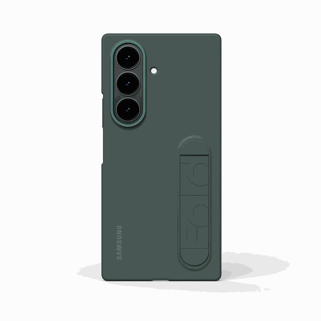 Samsung Galaxy Z Fold case in dark green with a smooth plain finish, triple-camera cutout and integrated foldable stand