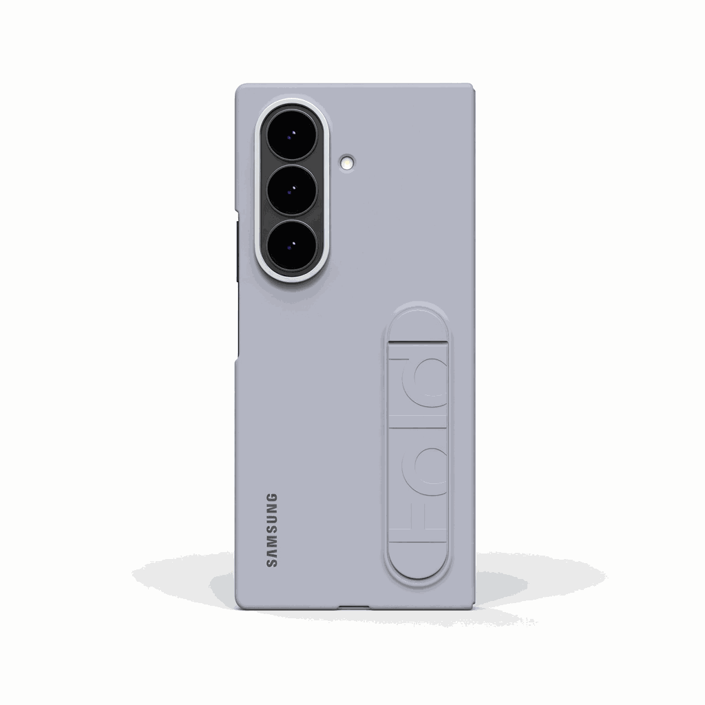 Samsung Galaxy Z Fold case in light lavender with smooth matte finish, triple camera cutout and slim foldable kickstand