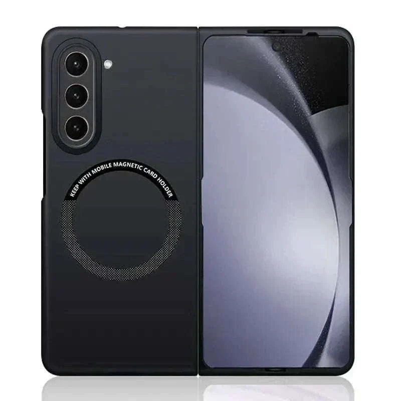 Samsung Galaxy Z Fold phone case in slim matte black, with a circular magnetic ring and triple camera cutouts