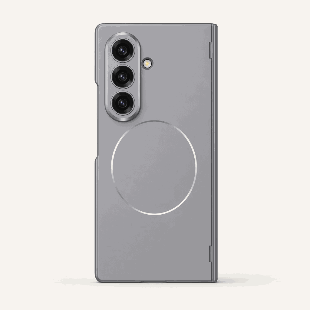 Samsung Galaxy Z Fold phone case in matte gray with a large circular magnetic ring and triple-camera cutout