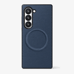 Samsung Galaxy Z Fold phone case in navy and black with a diagonal woven texture, raised camera cutouts and magnetic ring