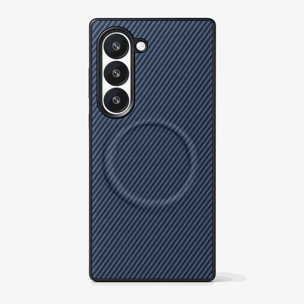 Samsung Galaxy Z Fold phone case in navy and black with a diagonal woven texture, raised camera cutouts and magnetic ring